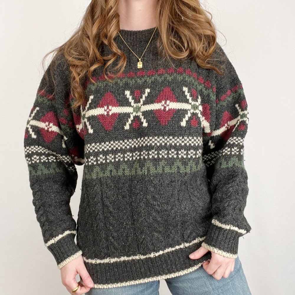 Vintage Fair Isle Cable Knit Oversized Sweater Christmas Cozy Wool Scandinavian - Picture 4 of 6